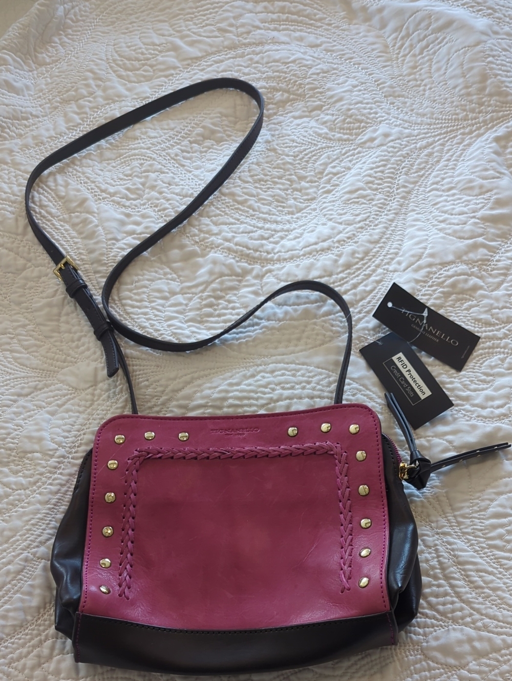 Vintage Tignanello Brand Pink and Brown Leather Crossbody Bag